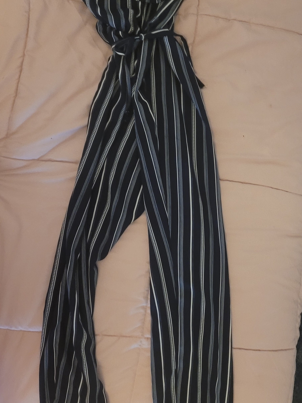 Black Vertical Stripe Belted Jumpsuit